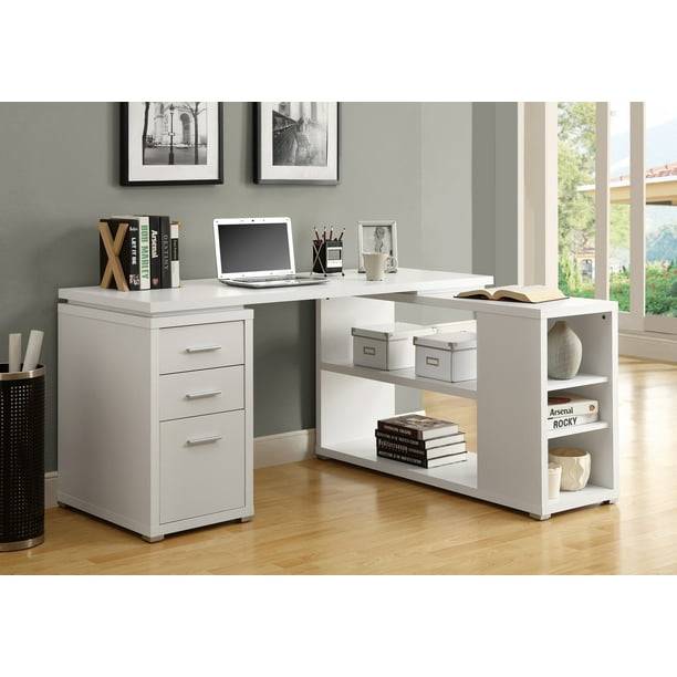 Computer Desk LShaped, Corner, 3 Drawers, 2 Open Shelves, 3 Cubbies 60" L x 47" W White