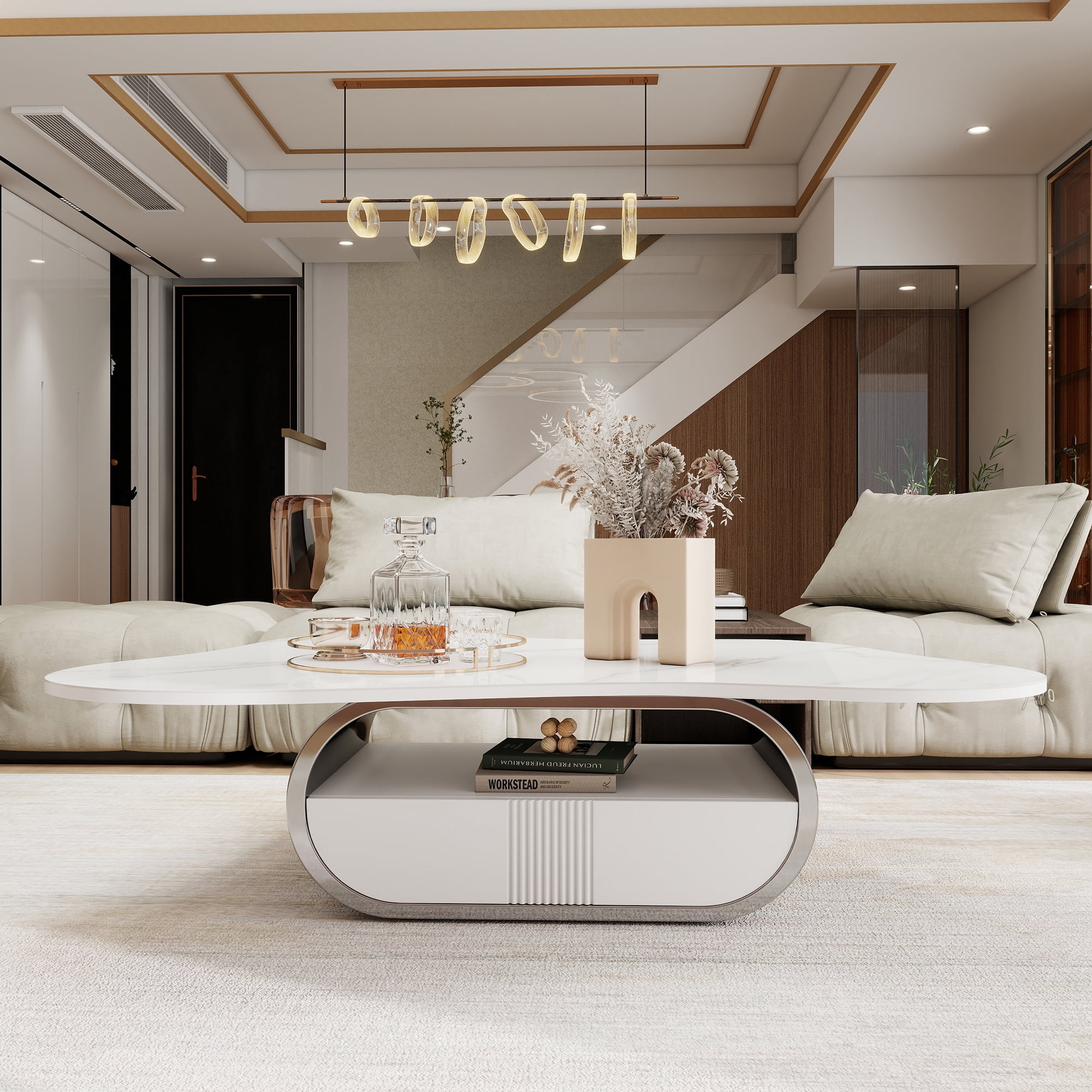 HIUU Cloud Coffee Table with Sintered Stone Top,White Marble Coffee Table with Storage Shelf & Drawer, Stainless Steel Base(Grey+White)