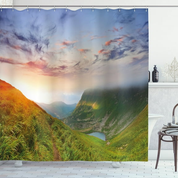 Ambesonne Mountain Shower Curtain, Sunrise Mottled Clouds, 69"Wx84"L, Blue Green Orange