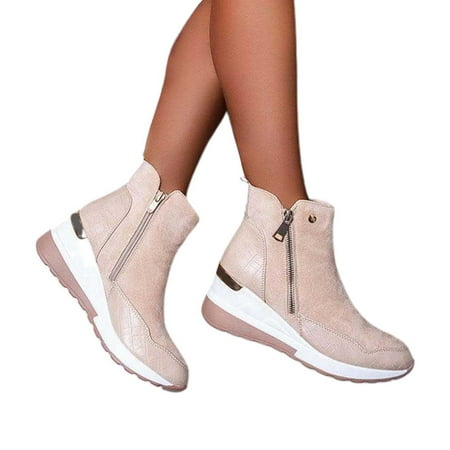

HEVIRGO Women Round-toe Mid-Calf Wedge Sneakers Double Side Zipper Platform Ankle Boots