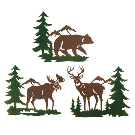 Metal Deer Yard Art Northwoods Woodland Animals and Mountains Metal Wall Art Trio - Set of 3, Includes Bear, Moose, and Deer ()