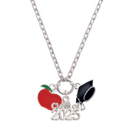 Delight Jewelry Silver-tone Small Red Apple - Silver-tone Class of 2025 Graduation Zoey Necklace, 28"