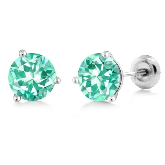 Gem Stone King 18K White Gold 1.64 Ct Round 6mm Blue Apatite Three-Prong Martini Stud Earrings for Women Men