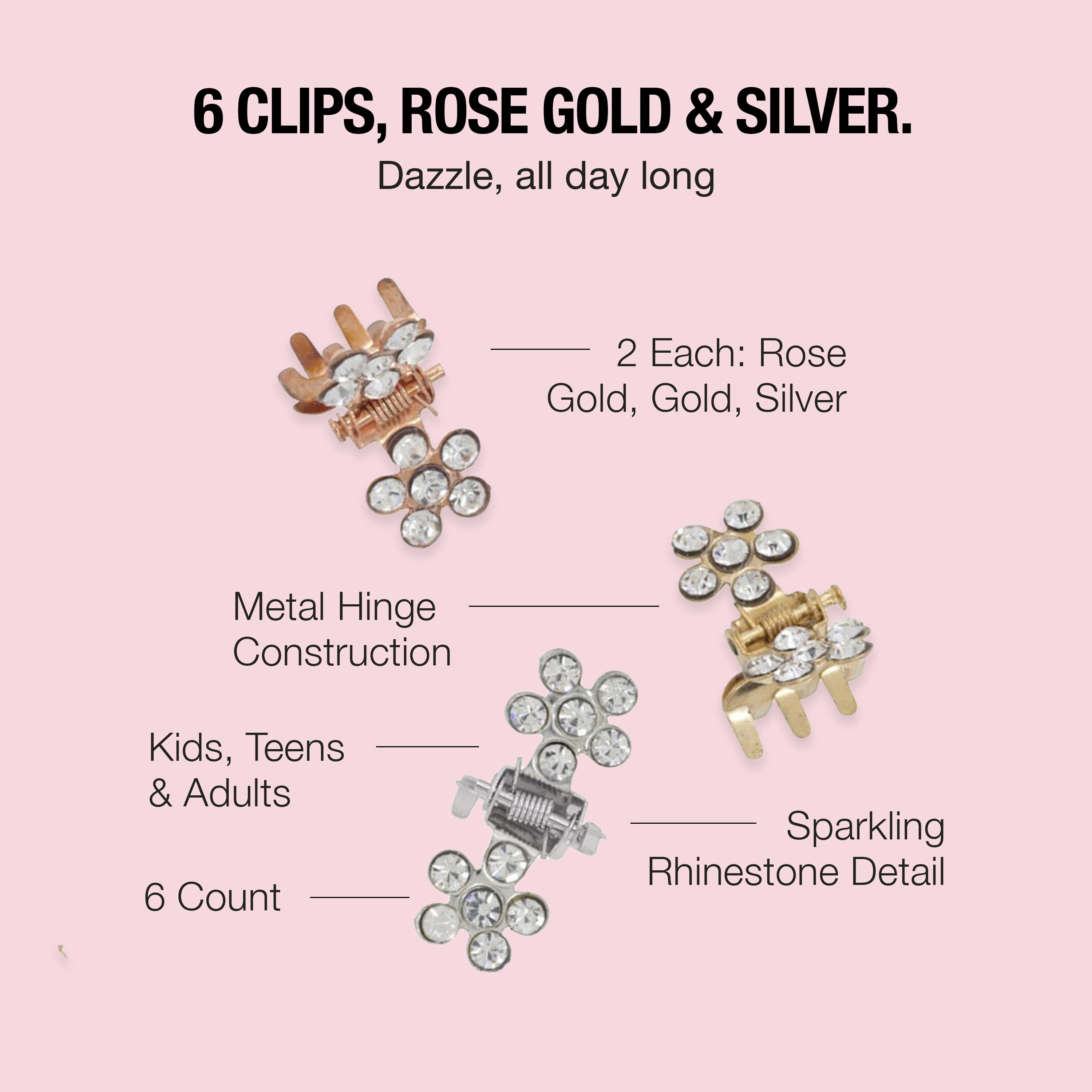(2 pack) Scunci Mini Rhinestone Claw Clip, Multicolor, 6 Count