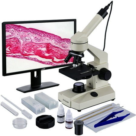 Microscope Slide Kits AmScope 40X-1000X Student Biological Field Microscope with LED Lighting + Camera + Slide Preparation Kit New ()