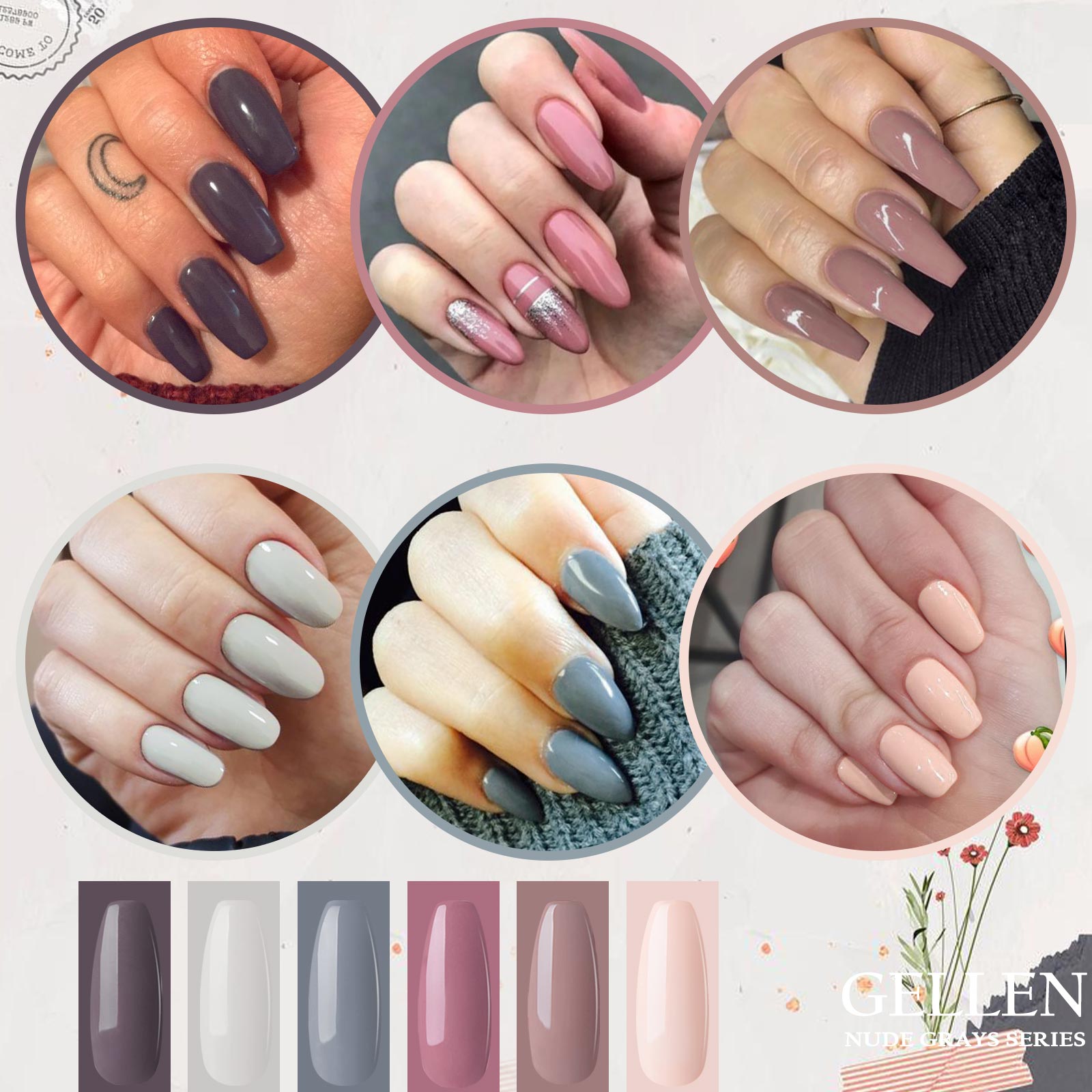 Gellen Gel Nail Polish Kit 6 Colors Nudes & Grey photo 7