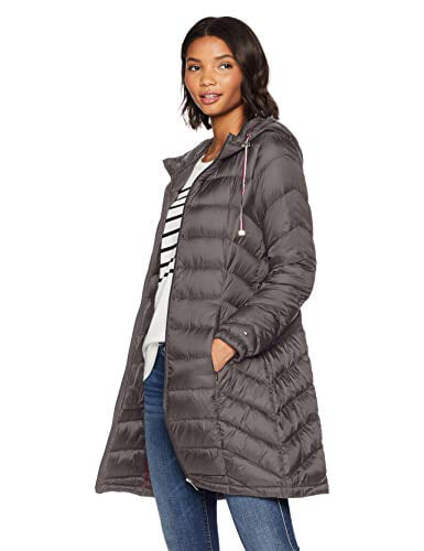 tommy hilfiger women's mid length packable down chevron quilt coat