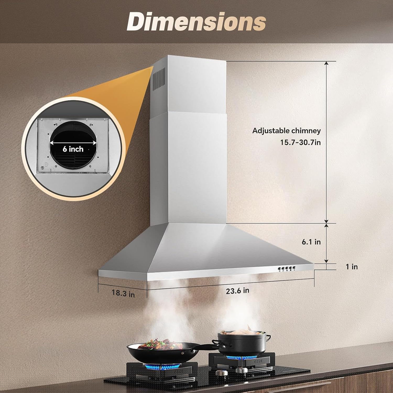 thumbnail image 4 of 24 inch Wall Mount Range Hood 450CFM 120V - Stainless Duct Convertible with 3-Speed Fan & Filters, 4 of 7