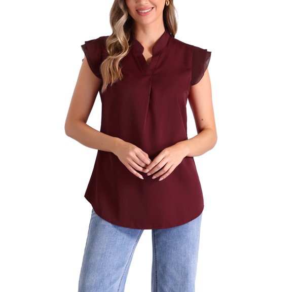 Blusa sin mangas con volantes de cuello en V para mujer INSPIRE CHIC, camisa elegante sólida en burdeos, talla L
