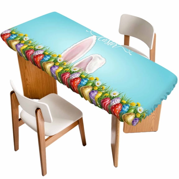Easter Table Cloths for 8 Foot Rectangle Tables, Bunny Colorful Eggs Spring Floral Botanical Patio Waterproof Elastic Fitted Tablecloths, Washable Rectangular Table Cover for Camping