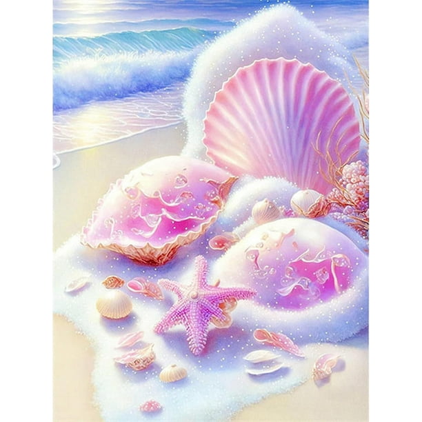 Pintura de diamantes para adultos, conchas marinas rosas, pintura de diamantes 5d completa, playa de fantasía, 30 x 40 cm, kit de diamantes para niños, punto de cruz de diamantes de imitación Crys