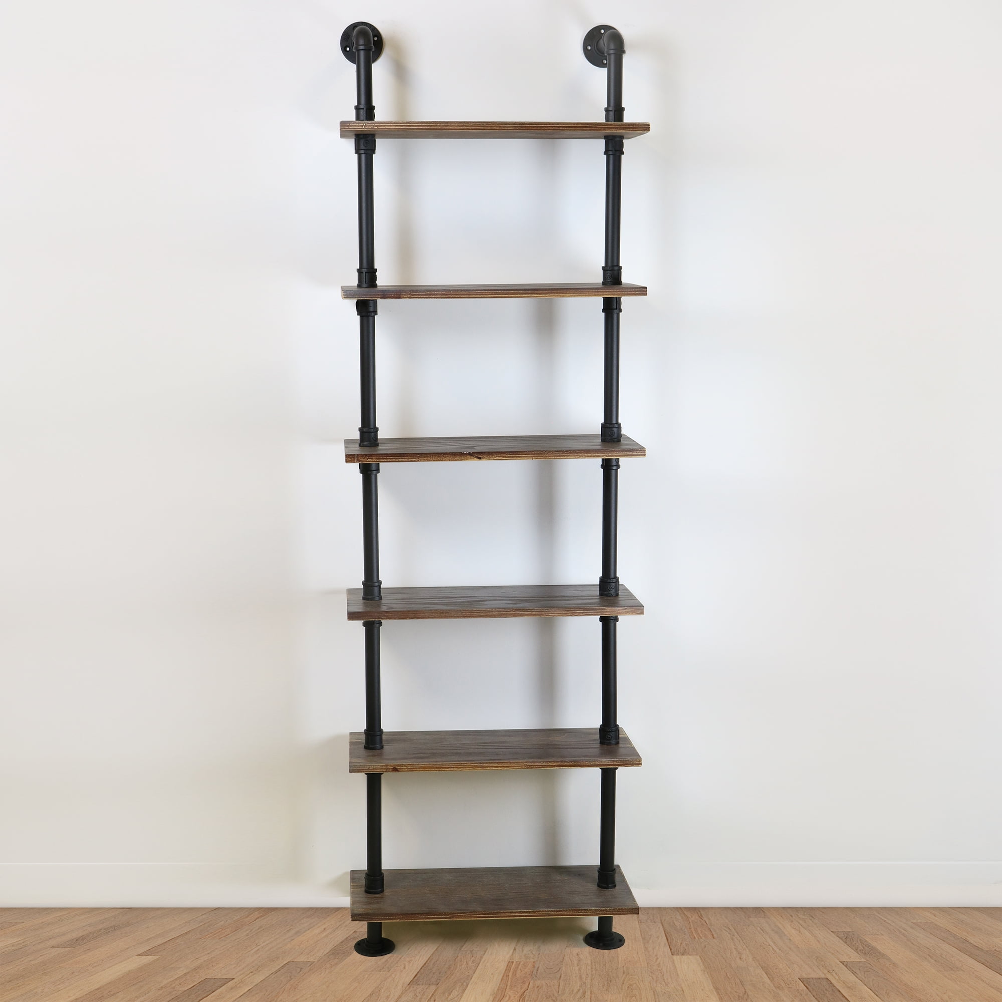 Emitt Tall Bookshelf Black Pipe Frame with Weathered Maple Shelves