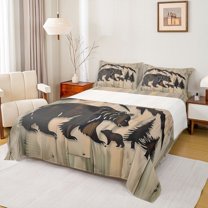 Homewish Wild Bear Silhouette Full Size Sheets,Jungle Animal Bed Sheets,Beige Brown Sheet Sets For Boys Kids,Luxury Bedroom Decor,4pcs