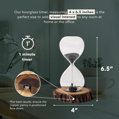 Magnetic Hourglass Sand Timer | Natural Live Edge Walnut Wood Magnet Base Hour Glass with Iron Dust Shavings | 1 Minute Functional Fun Retro Clock Watch for Office Home Decor | 4 x 6.5