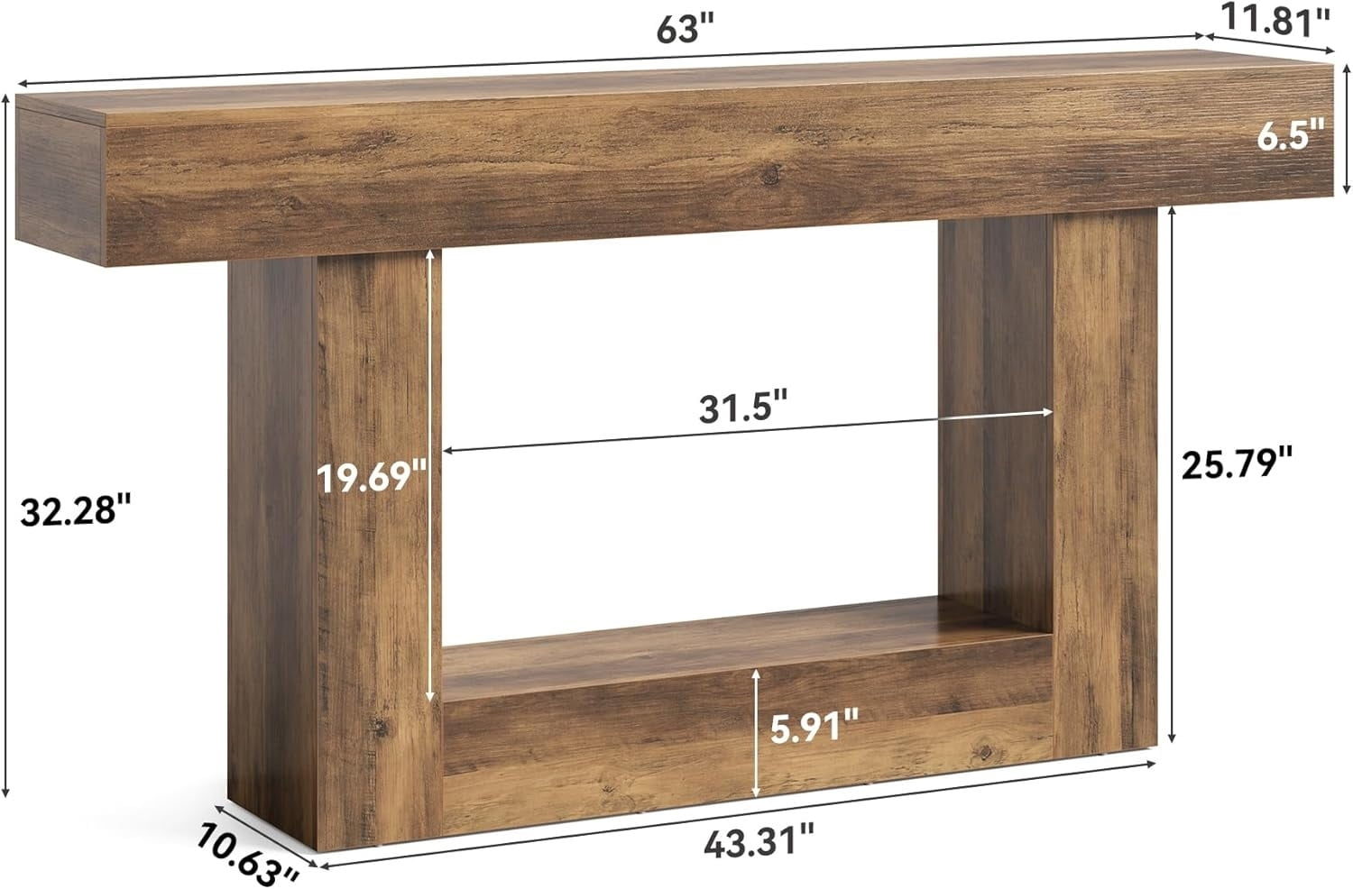 63 Inches Long 2-Tier Farmhouse Console Table, Heavy Duty Sofa Table Behind Couch, Large Narrow Wooden Entryway Table for Living Room, Hallway Foyer (Rustic Brown)