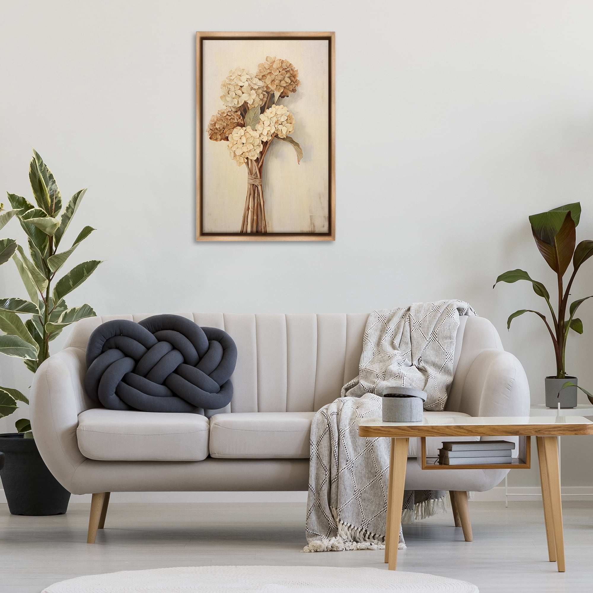 Stupell Industries Vintage Hydrangea Bundle Plants & Flowers Painting Brown Floater Framed Canvas Art Print Wall Art, 21 x 31