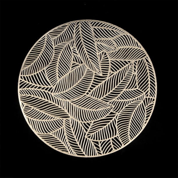 6 Pack Round Pressed Vinyl Placemats Metallic Place Mat Laminated Leaf Placemats Non-Slip Heat Insulation Kitchen Washable Table Mats Decoration Gold