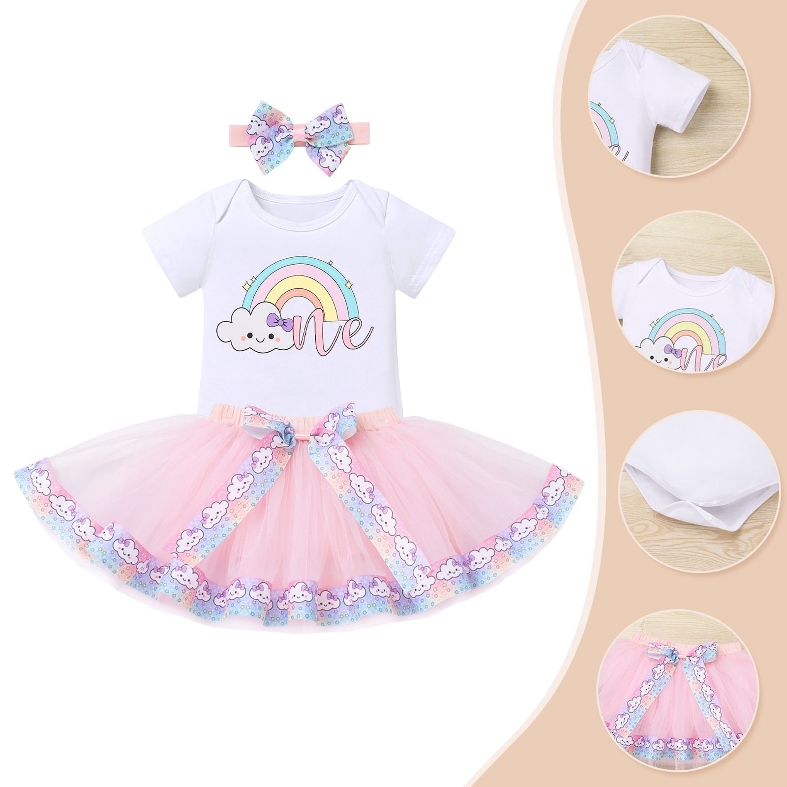IBTOM CASTLE Infant Baby Girls 1st Birthday Outfits Short Sleeve Romper + Tutu Skirt + Headband 3PCS Set for Cake Smash Photoshoot 1 Year Pink