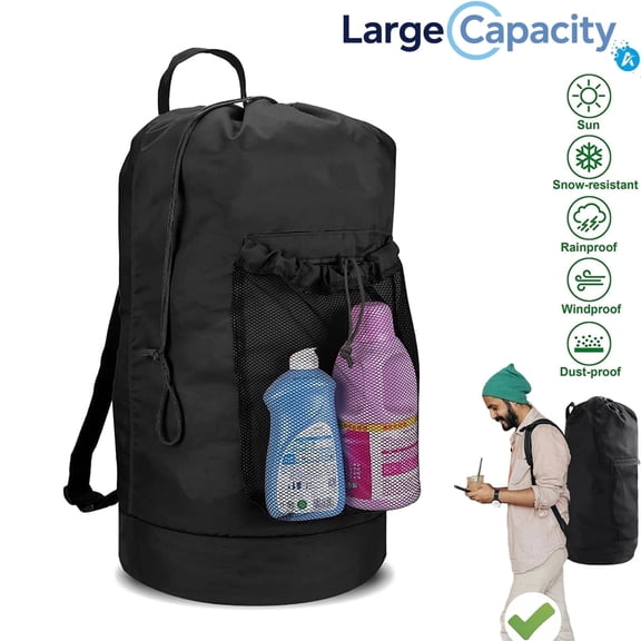 Asunby Laundry Backpack Bag, Durable Nylon Laundry Hamper with Shoulder Straps, Mesh Pocket & Drawstring Closure for College Travel Laundromat Apartment
