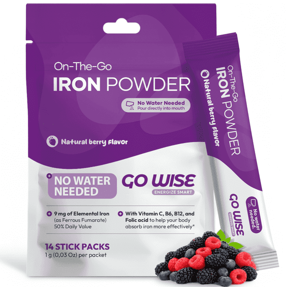 Go Wise Iron Supplement Powder for Women and Men with Vitamin C and Folic Acid, Vegan, No Water Needed, 14 Stick Packs, 0.62 oz