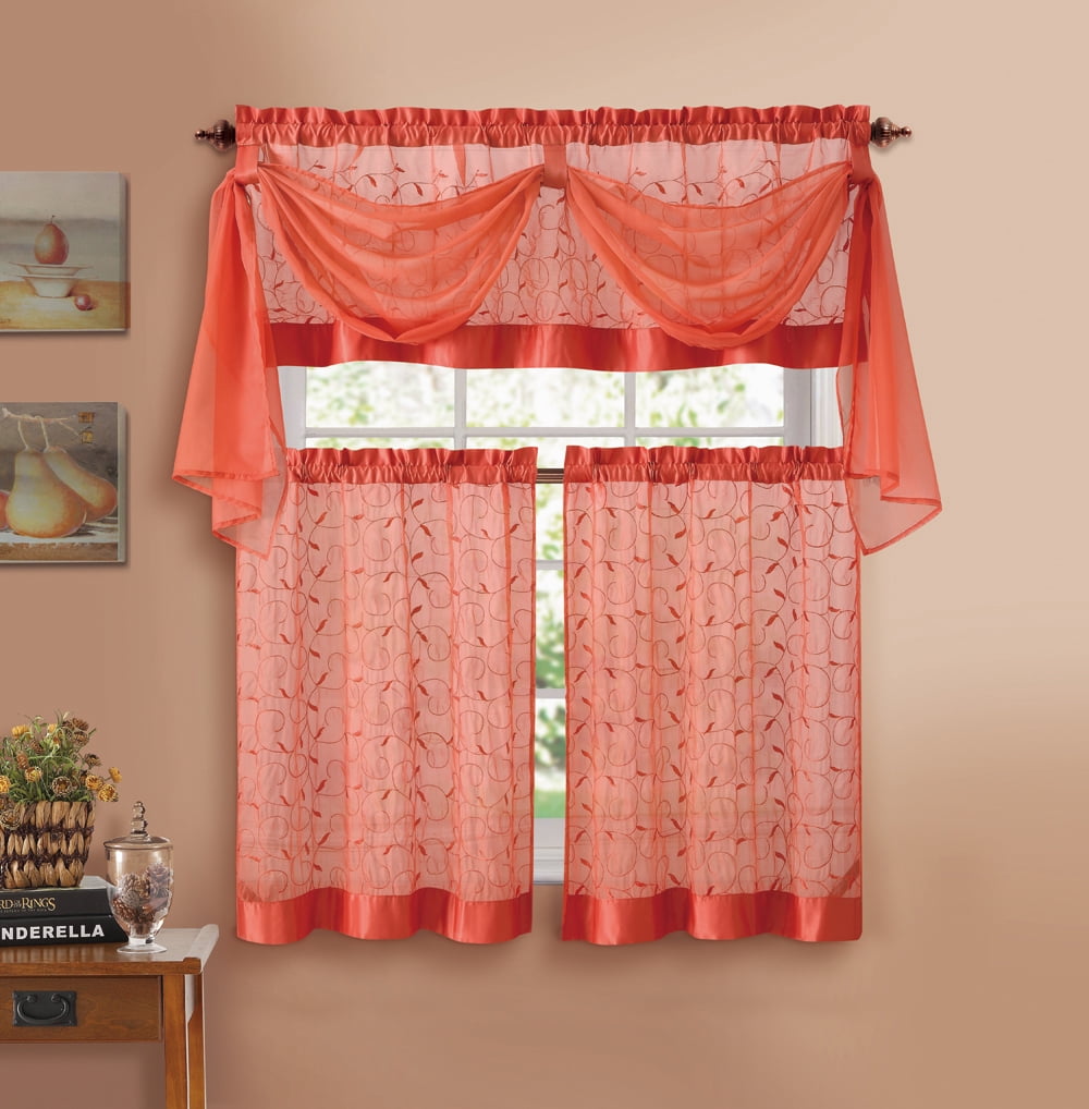 Orange Embroidered Kitchen Window Curtain Set 1 Valance with Voile