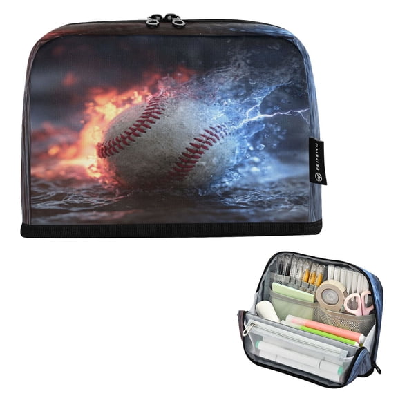 Standing Pencil Case with Base Large Capacity Stationery Pouch Pen Bag with Zipper for Women Men Baseball with Water and Fire