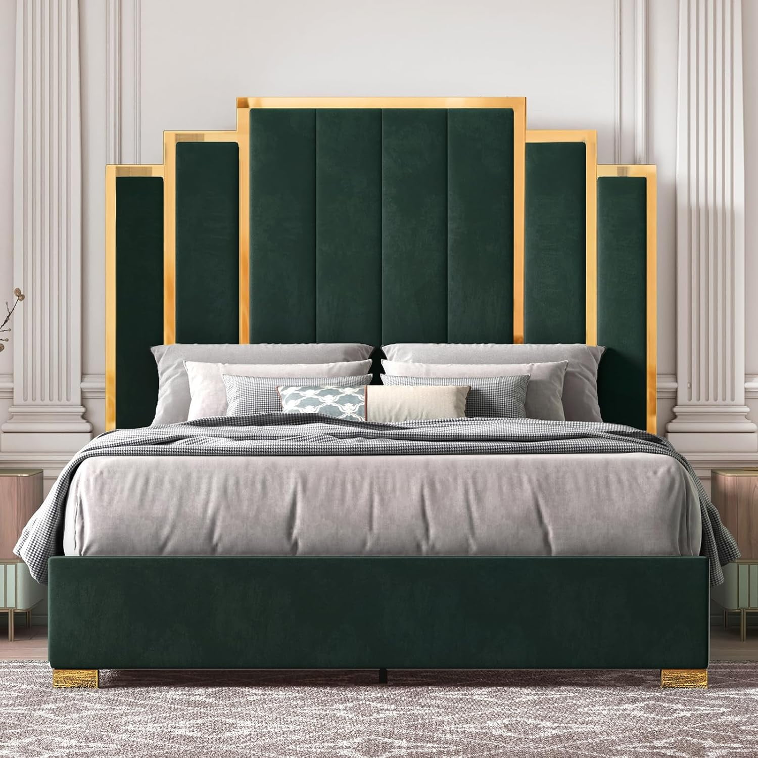 PLAUIN Upholstered Queen Bed Frame with 61" Headboard, Golden Plating Trim, Green