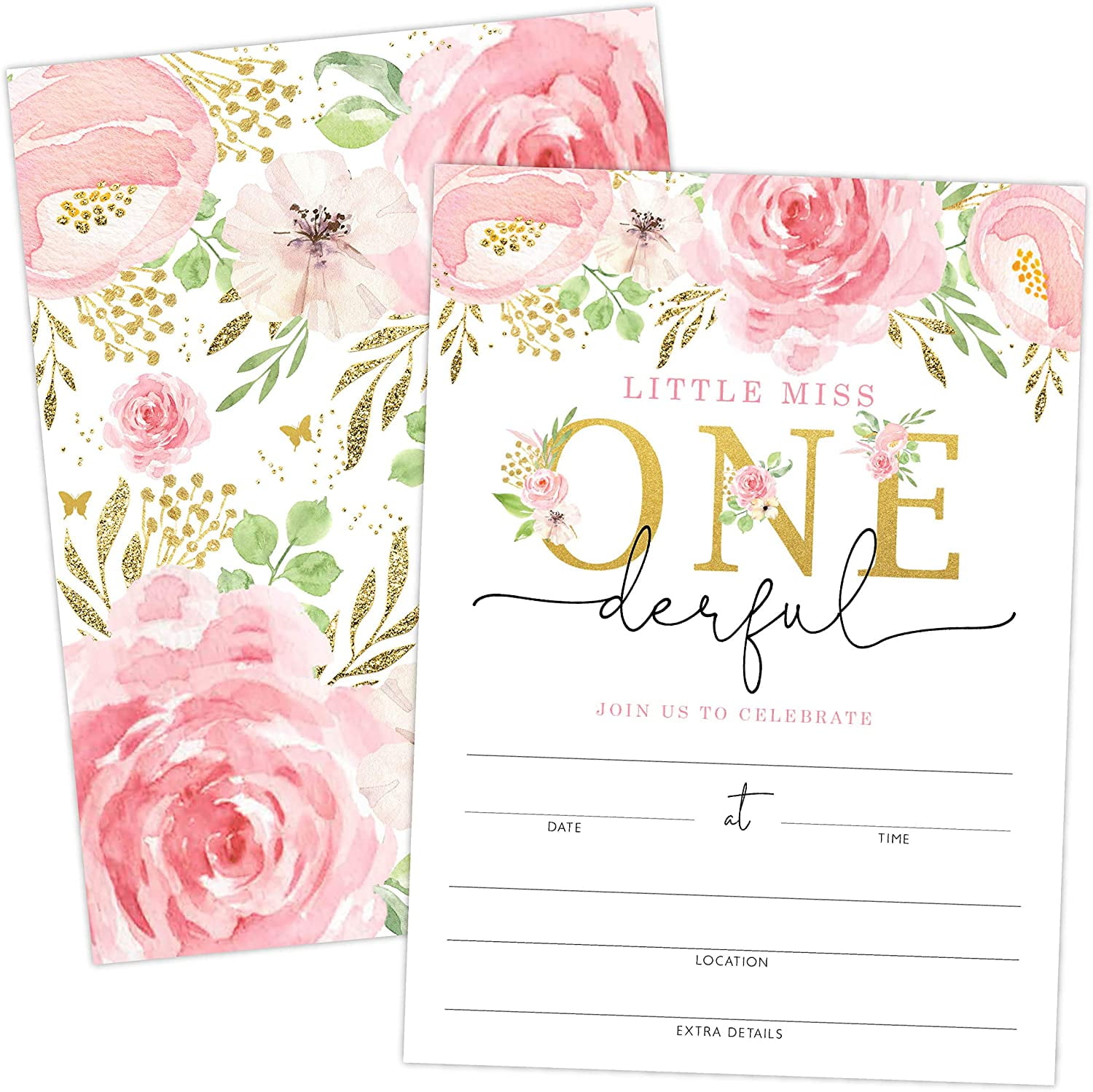 Little Miss Onederful First Birthday Invitation with Flowers and