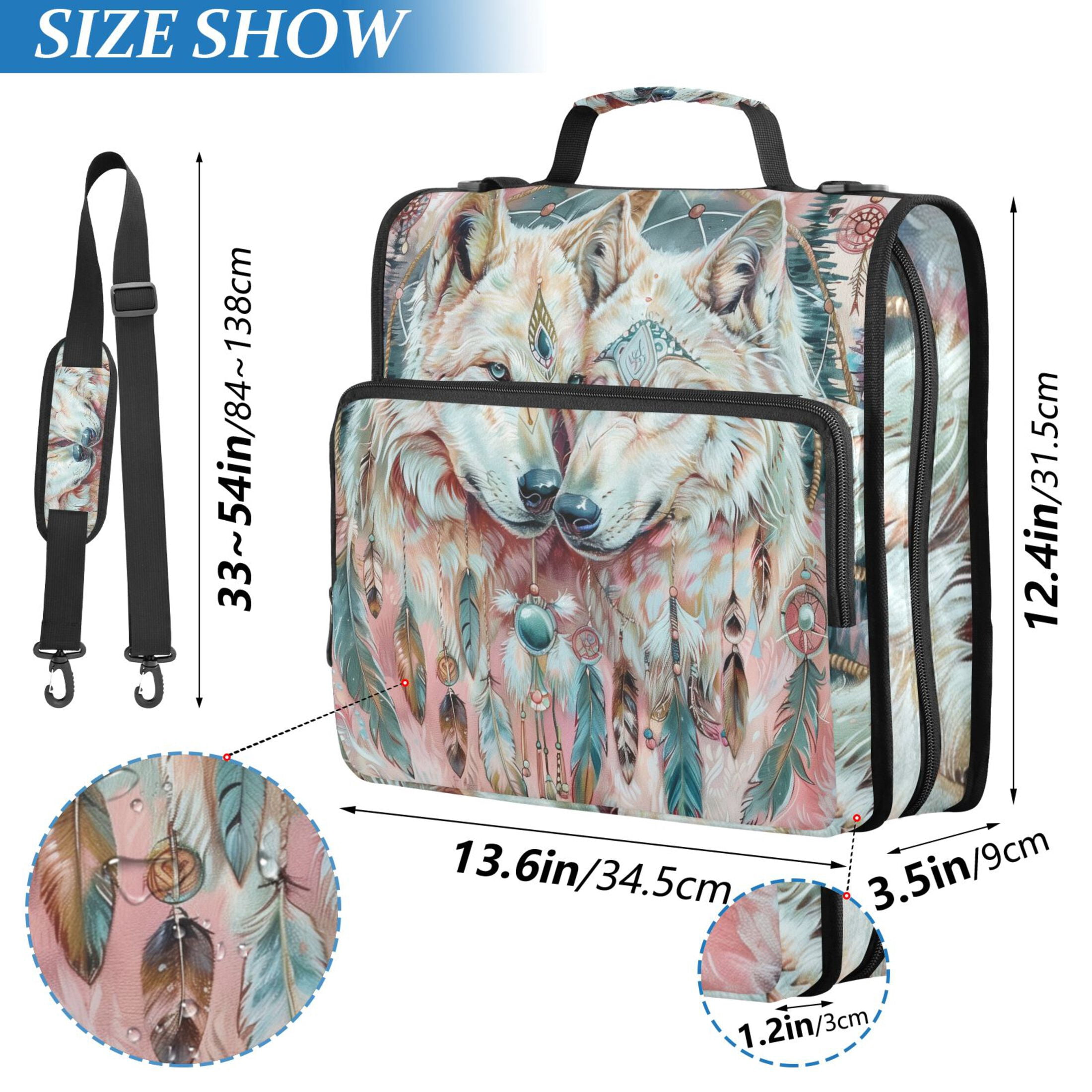 3 Ring Zipper Binder with Shoulder Strap Waterproof Trapper Keeper 2 Inch D-Ring 500 Sheets Capacity Beautiful Wolves with Feather