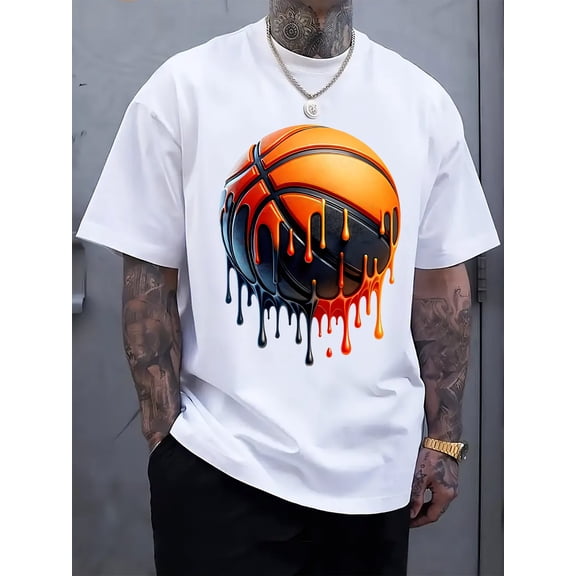 Trend Melted Basketball Printed Men's Crew Neck Short Sleeve T-Shirt, Stylish Regular T-Shirt, Spring/Summer Vacation