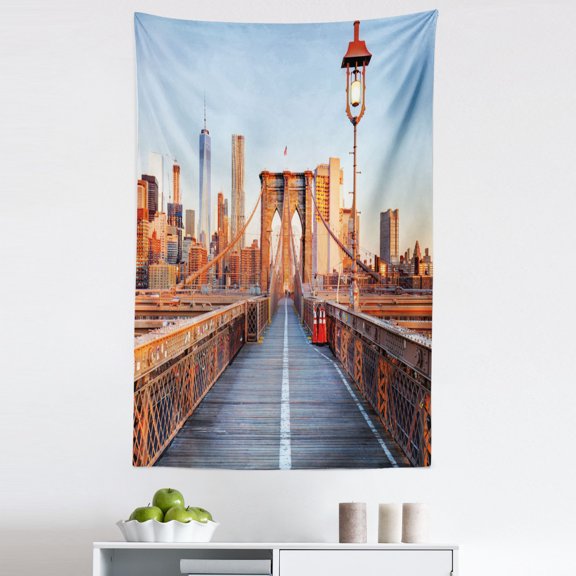 City Tapestry, New York Skyline Closeup Brooklyn Bridge in Manhattan over River, Fabric Wall Hanging Decor for Bedroom Living Room Dorm, 5 Sizes, Orange Pale Blue Grey, by Ambesonne