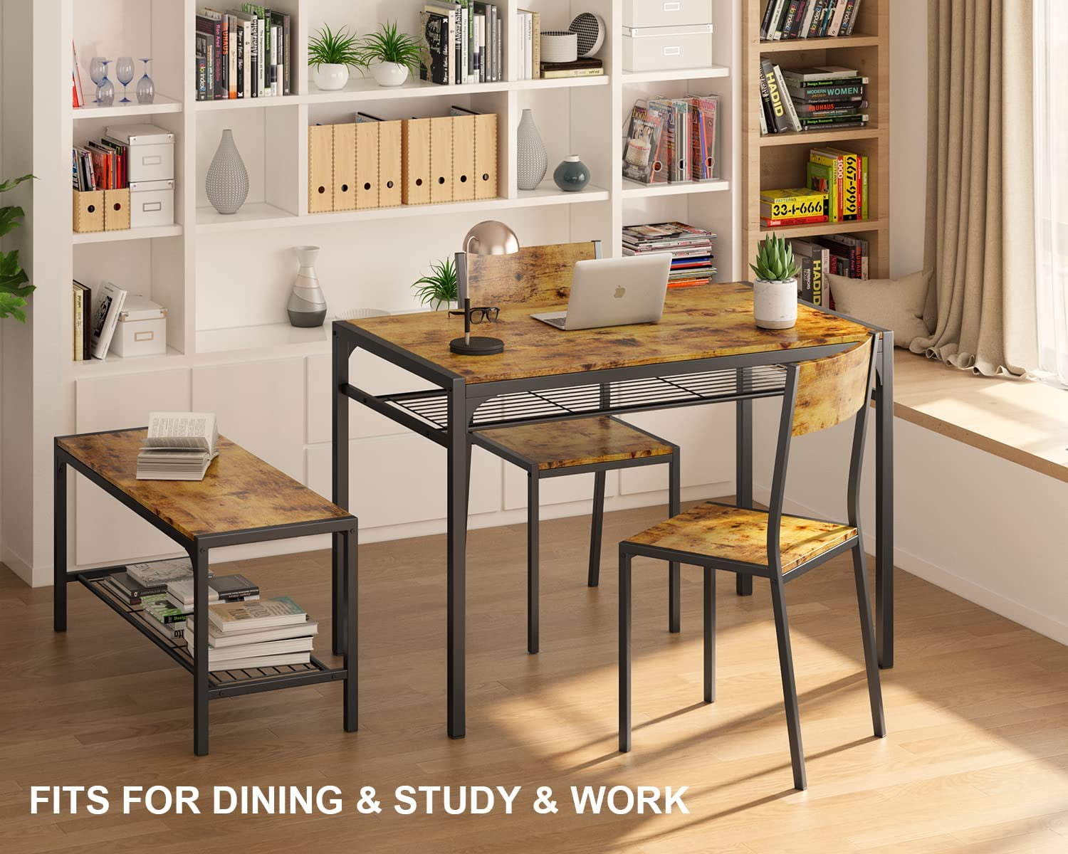 Lofka Retro Wooden Dining Table Set for 4 with Storage Bench Rack for Dining Room & Kitchen