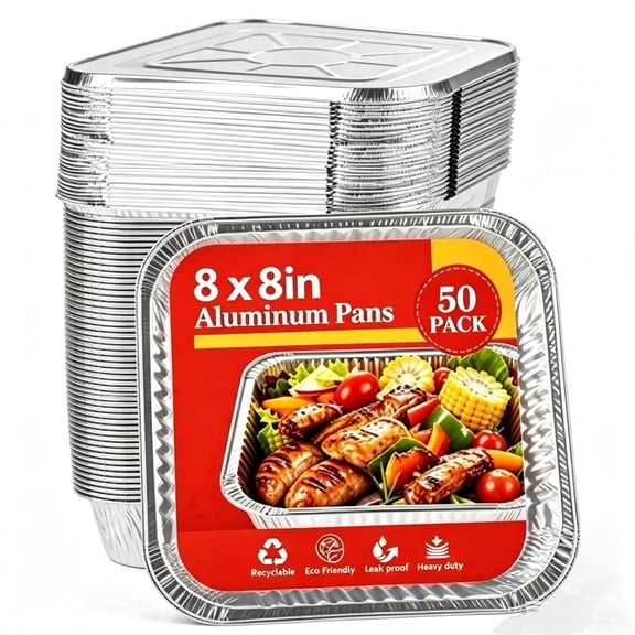 Thickened 8x8 Aluminum Pans with Lids, 50 Pack Heavy Duty Disposable Half Size Foil Baking Tray for Cooking, Meal Prep, Baking, Roasting