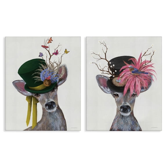 Stupell Industries Dapper Deer Floral Top Hat Animals Painting Wrapped Canvas Art Print Wall Art, 16 x 20, Set of 2