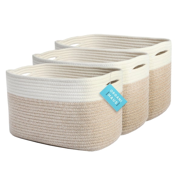 OrganiHaus Paniers Tissés Doux pour Rangement et Organisation, Ensemble de 3, Paniers de Rangement en Corde de Coton pour Étagères, Bacs Carrés pour Livres, Salle de Bain