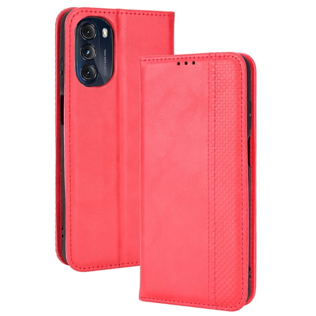 Compatible with Motorola Moto G 5G 2022 Case Magnetic Closure Vintage Pattern PU Leather Wallet Cover with Card Slots-Red