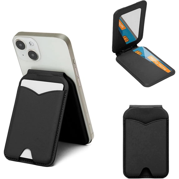Magnetic Wallet Stand with Mirror Compatible with Magsafe Adjustable Kickstand PU Leather Card Holder Back of Phone for iPhone 16/15/14/13/12 Series -Black