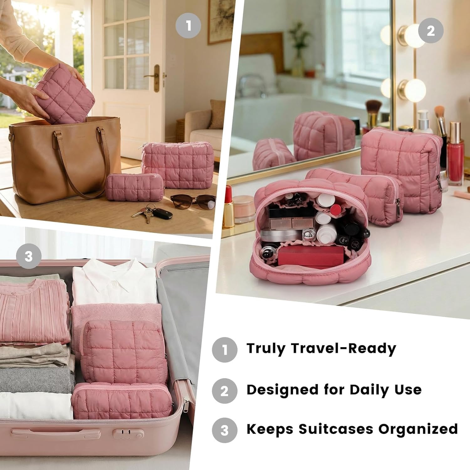 3 count Makeup Bag Set Quilted Travel Toiletry Organizer Large Capacity  Pouch Soft Storage Case for Women Girls Travel Essentials Gifts
