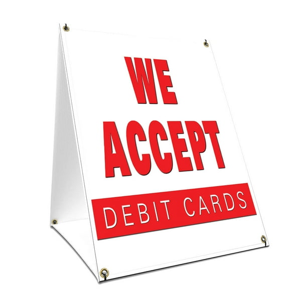 A-frame Sidewalk We Accept Debit Cards Sign With Graphics On Each Side | 18" X 24" Print Size