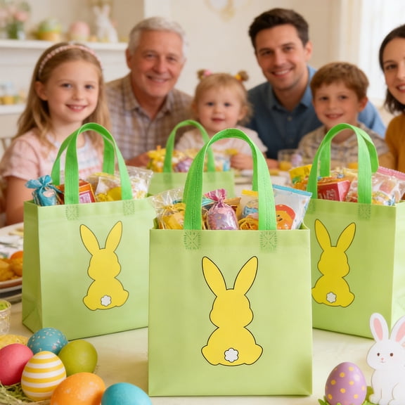 QuanTara Easter Gift Bags 12 Pack, Bunny Pattern Holiday Decorated Bagsin 6 Colors, Polyester Reusable Goodie Bags 7.87x7.87x3.54in for Party Favors