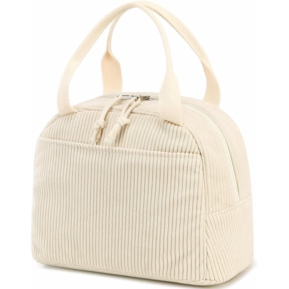Corduroy Insulated Lunch Bag, Large Capacity Reusable Cooler Tote with Front Pocket, for Work, Picnic, Travel (Beige)
