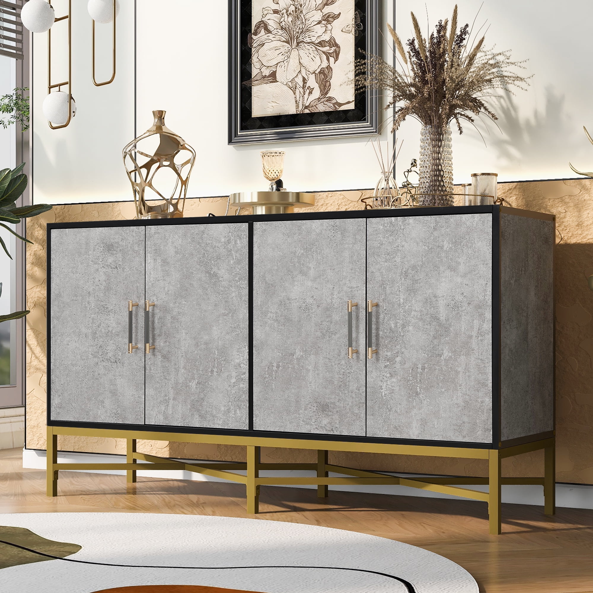 Vastcury 62" 4 Door Sideboard Cabinet with Metal Hands and Cross Legs, Storage Buffet for Living Room Dining Room, Antique Gray