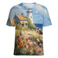 thumbnail image 5 of Lighthouse Sunrise Coast Scenery Pale Blue Tan Women's T-Shirt Short Sleeve T Shirts Tops Tee Ladies Loose T, 5 of 6