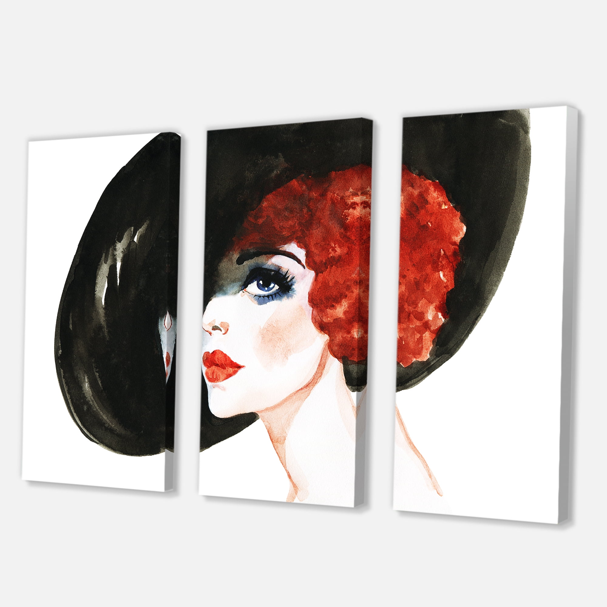 Designart ' Portrait of Woman Red Head Lady In Hat ' Modern Canvas Wall Art Print