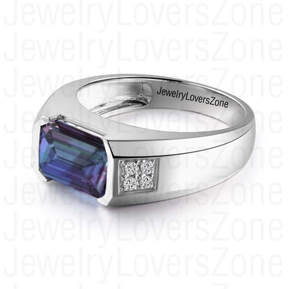 JewelryLoversZone Sterling Silver Alexandrite Men’s Ring Silver Band with Color-Changing Alexandrite Gems Handmade Jewelry for Gift Silver 3