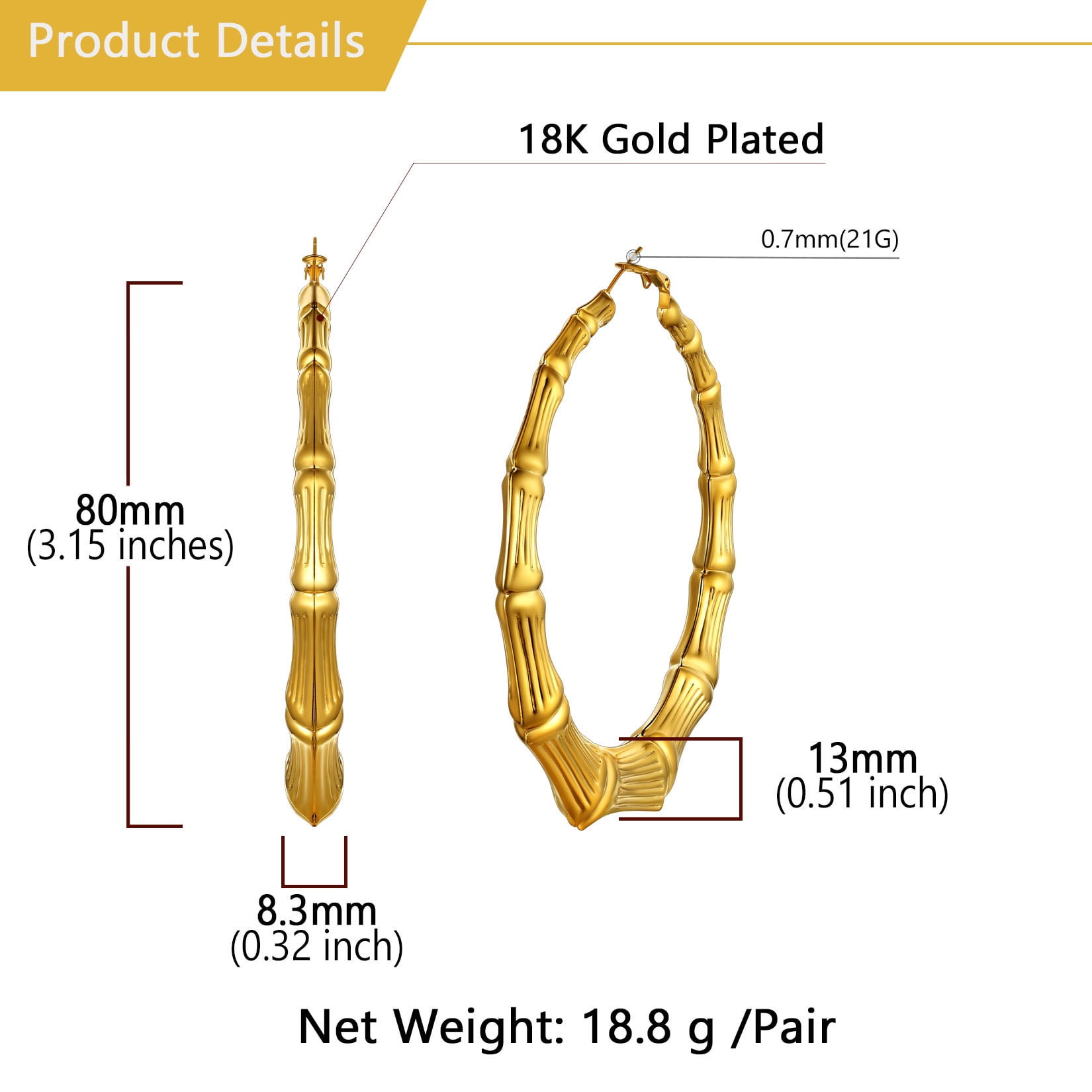 U7 Women Large Big Hoop Earring Gold Plated Bamboo Earrings 80mm Stainless Steel Christmas Gift for Mother Wife