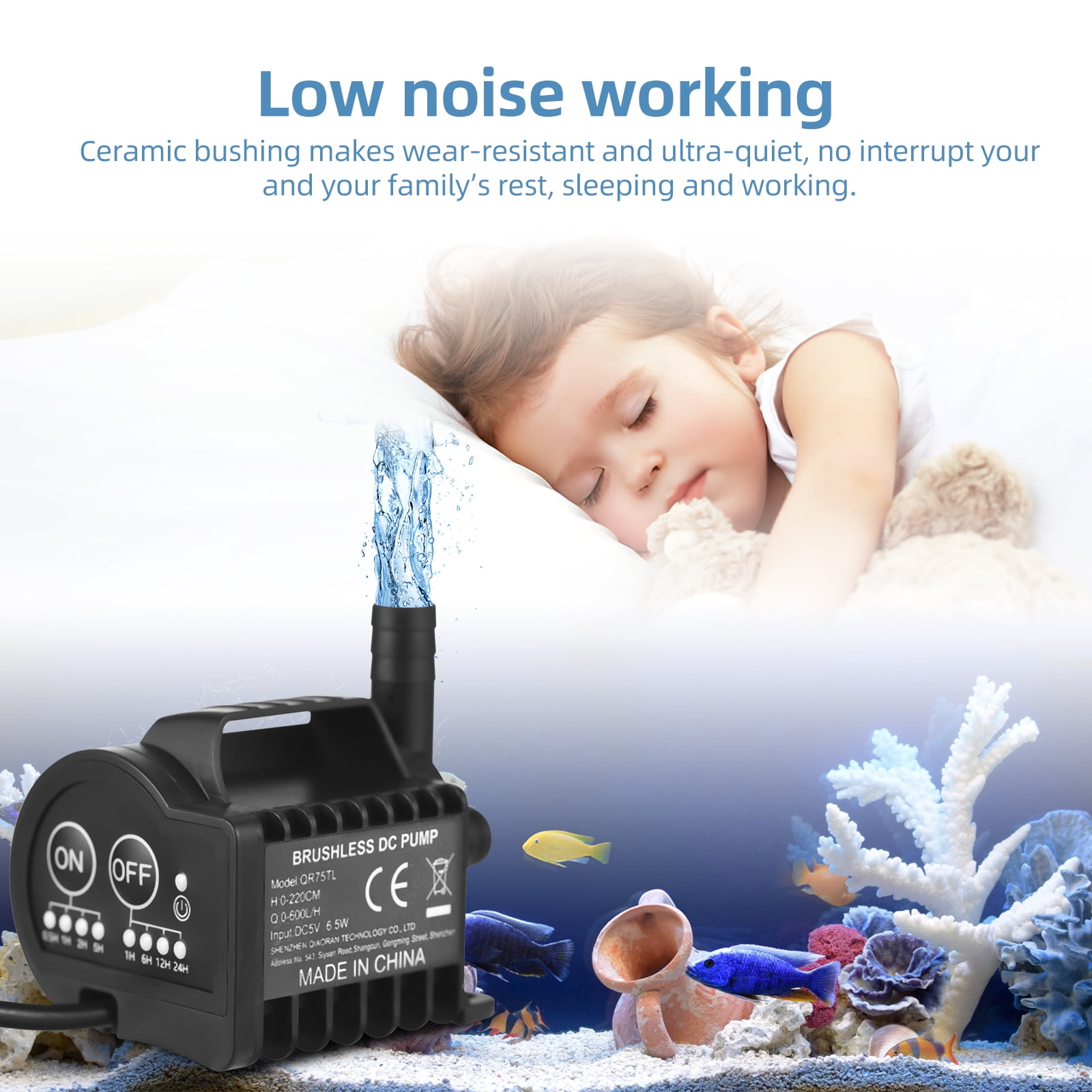 Mini 5V Water Pump with 4 Gear On/Off Timing, Acceleration and Deceleration Function, Max 600L/H Flow 7.2ft Lift, USB Charging Cable and Suction Cup Base
