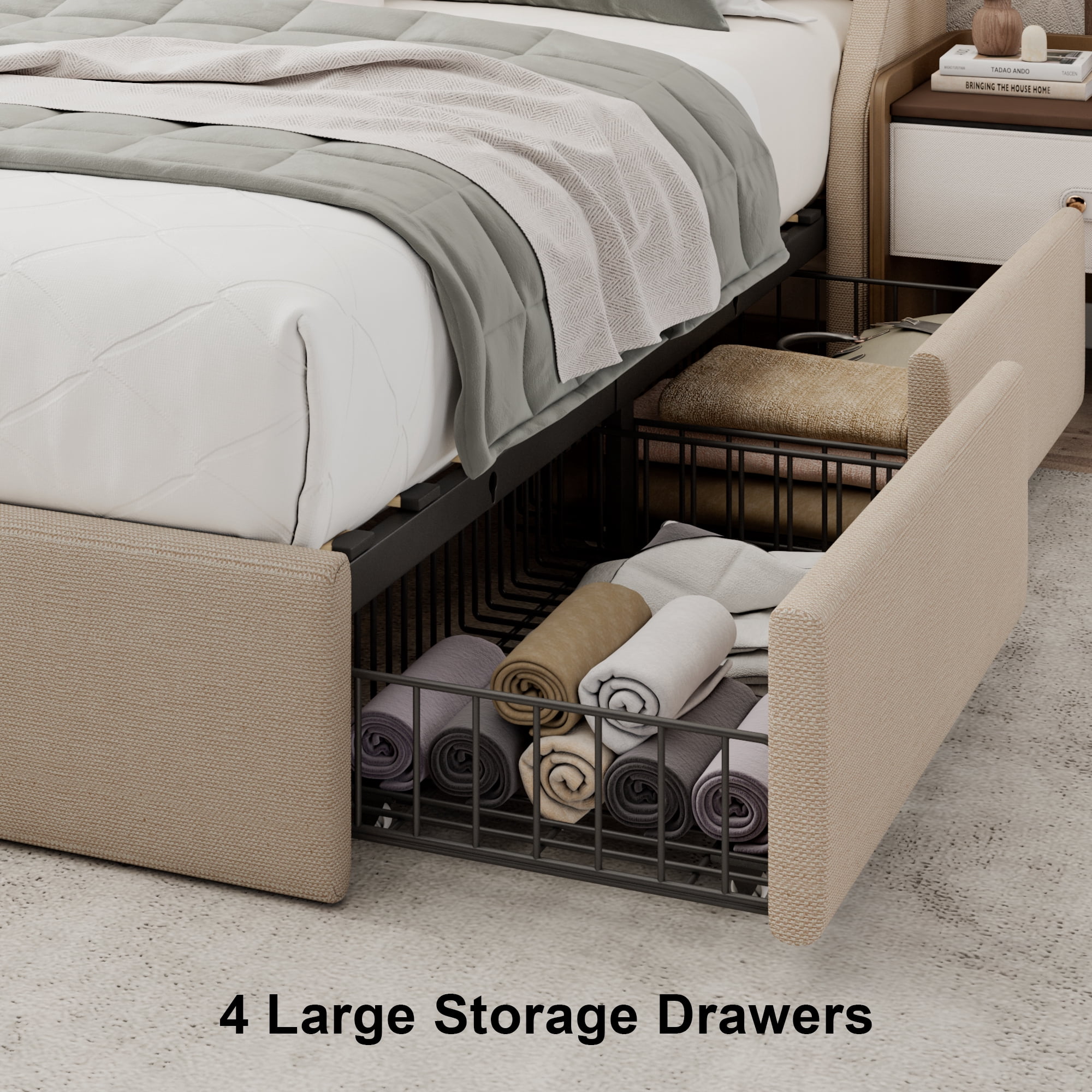 Honfach Queen Bed Frame with 4 Storage Drawers, Upholstered Storage Bed with Charging Station, Wingback Storage Headboard, No Box Spring Needed,Beige