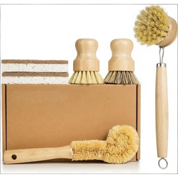 6 Piece Bamboo Dish Brush Set with Coconut Sponge, Dish Scrubber for Pots, Pans, Bottles, Vegetables
