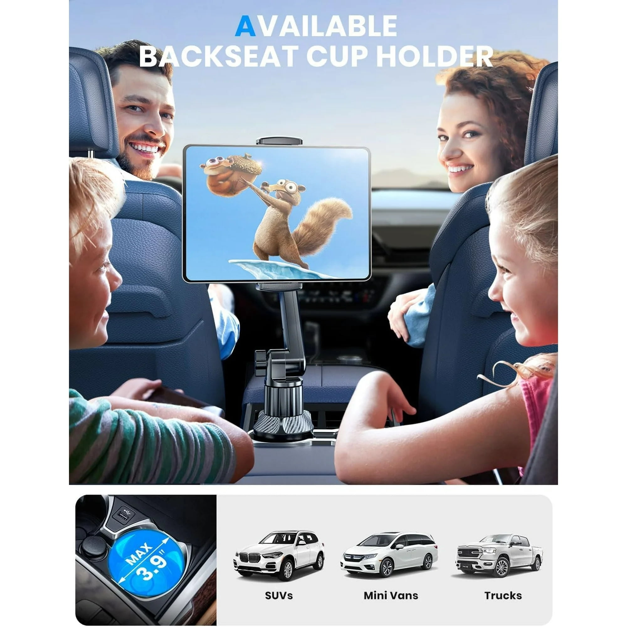 Tablet Holder for Car, for iPad Cup Holder Car Mount with 1.57" Depth Large Clamp 15" Height Adjustable for iPad Holder for Car for 6"-12.9" Cell Phone iPhone iPad Stand Travel Accessories